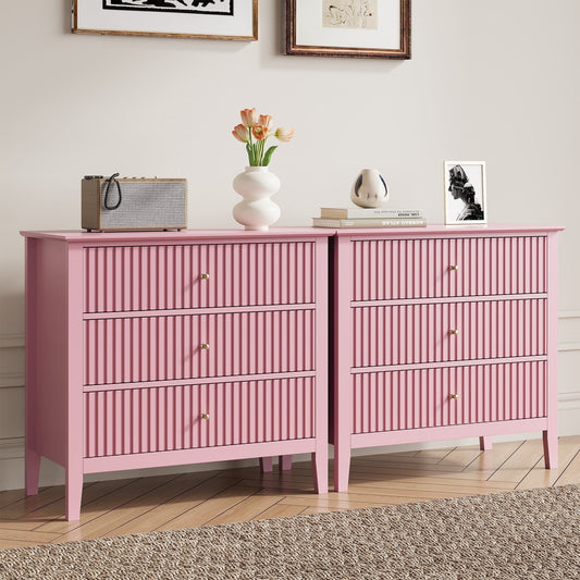 May in Color Fluted Wide Nightstand for Bedroom, Large Pink End Table with 3 Drawer, for Home and Office