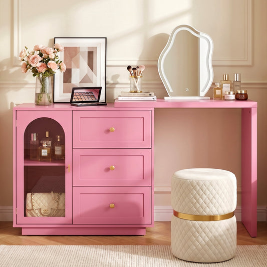 May in Color Pink Extendable Makeup Vanity Desk, No Mirror Corner Vanity Table with 3 Drawers & 1 Door, for Bedroom, Home Office
