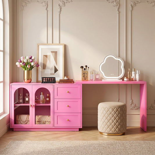 May in Color Pink Extendable Minkakeup Vanity Desk, No Mirror Corner Vanity Table with 3 Drawers & 2 Doors, for Bedroom, Home Office