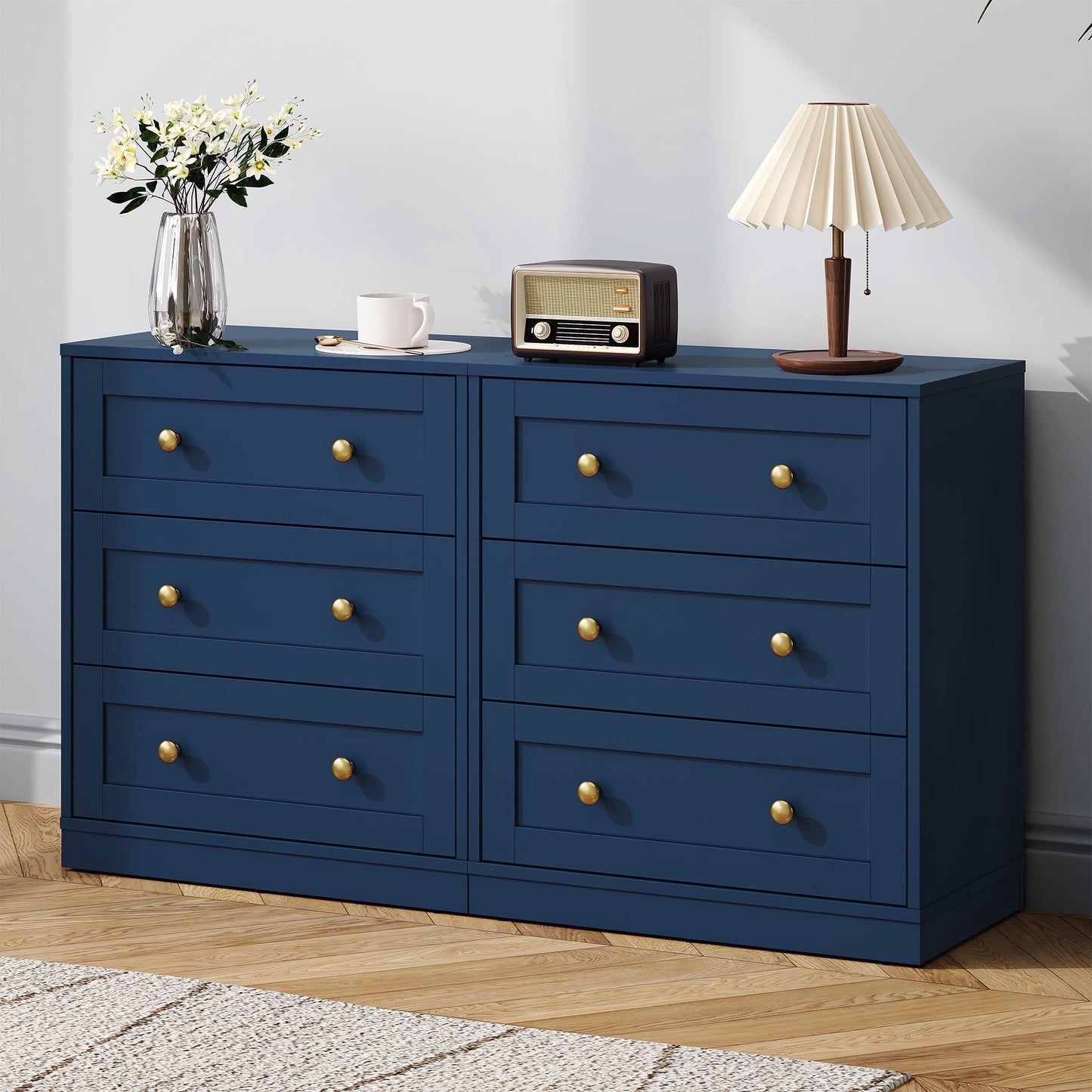 May in Color Blue Nightstands Set of 2, Modern 3-Drawer Bedside Tables with Gold Knobs, Wooden End Tables for Bedroom, Living Room, Hallway, or Closet