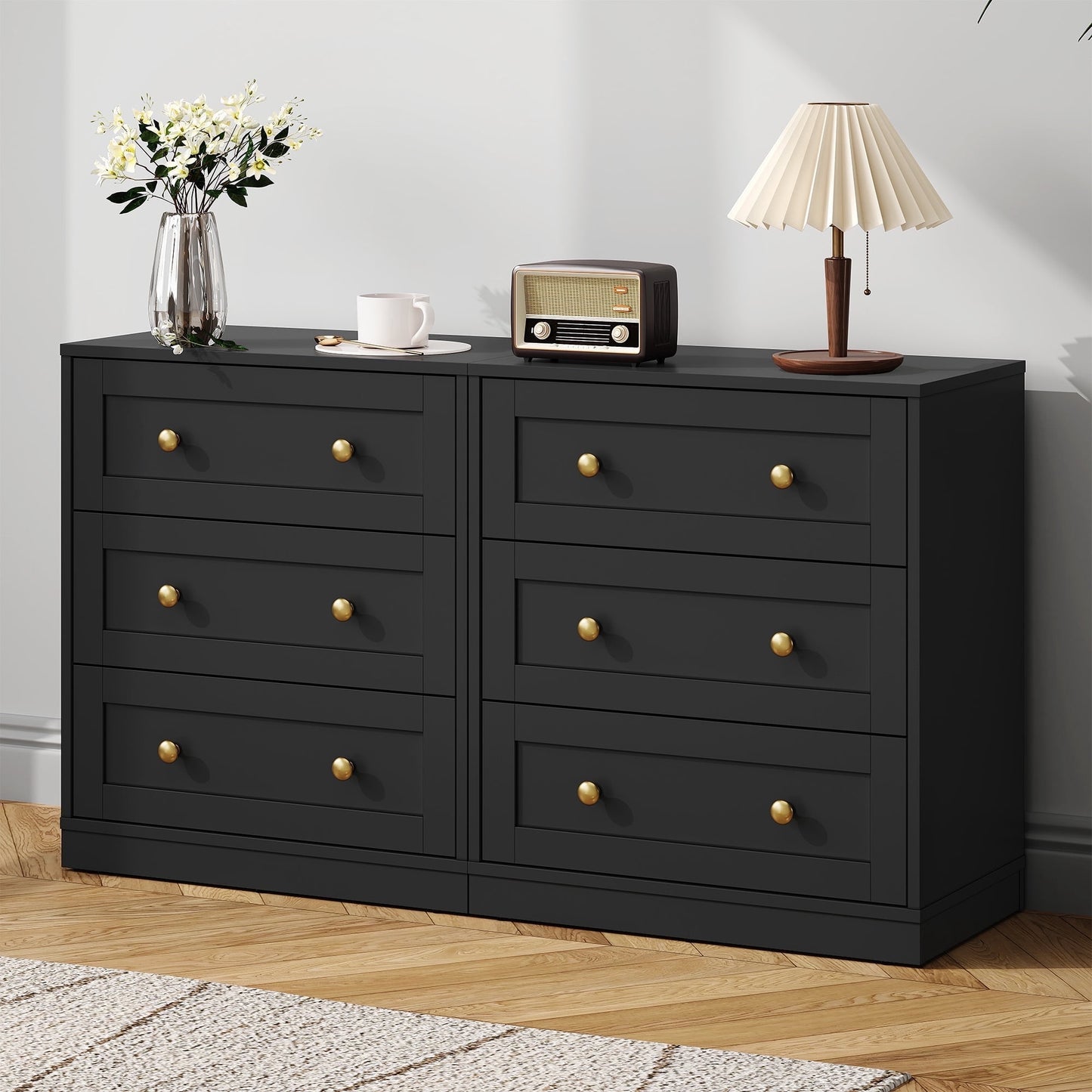 May in Color Black Nightstands Set of 2, Modern 3-Drawer Bedside Tables with Gold Knobs, Wooden End Tables for Bedroom, Living Room, Hallway, or Closet