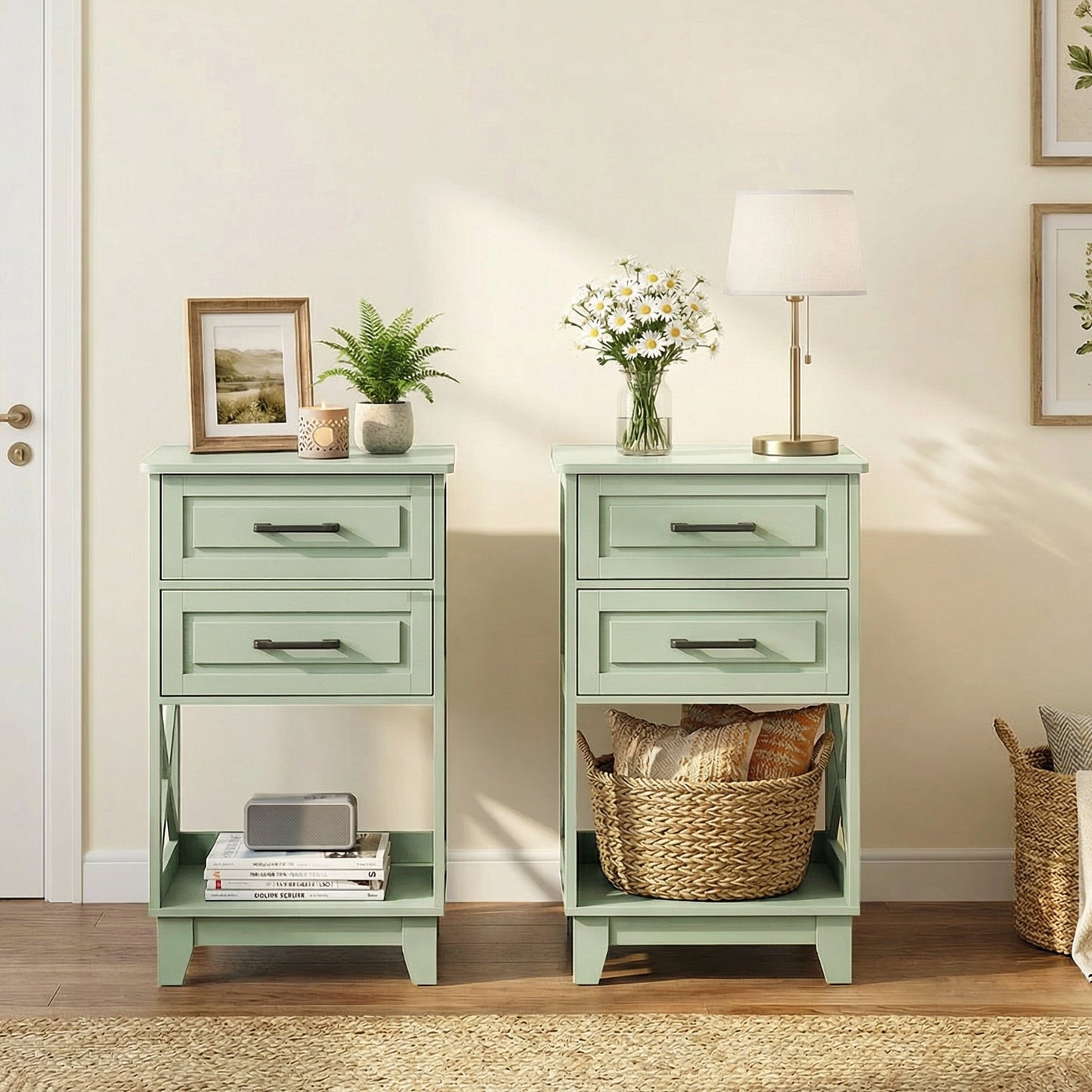 May in Color Tall Nightstand Set of 2 with 2 Drawers and Open Shelf Below, Ideal for Bedroom, Living Room, Home Office