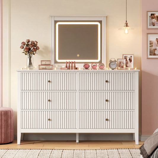 May in Color White Fluted 6 Drawer Dresser with Lighted Mirror, Large Modern Wood Storage Cabinet Organizer for Bedroom, Living Room, Hallway