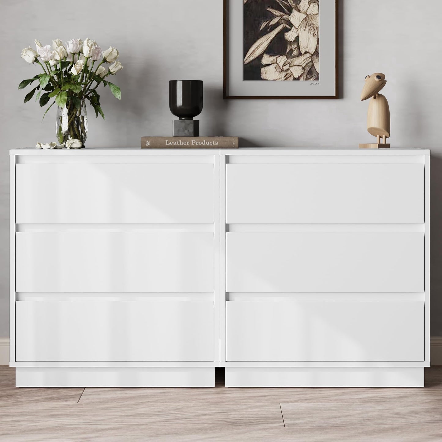 May in Color White Nightstands Set of 2, 3 Drawer Wide End Table for Bedroom, Home and Office