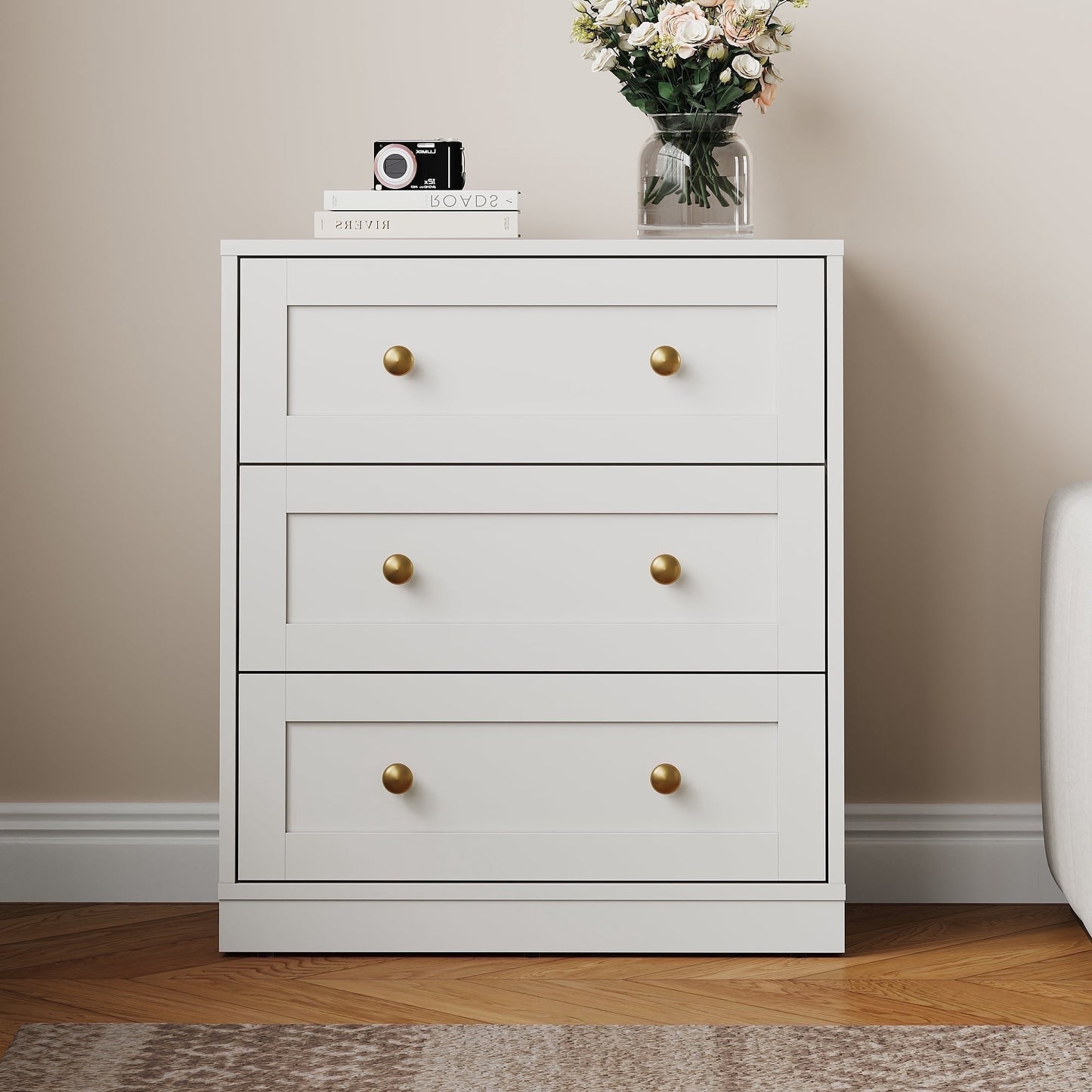 May in Color 3 Drawer Nightstand, Modern Wood End Table with Gold Knobs, White