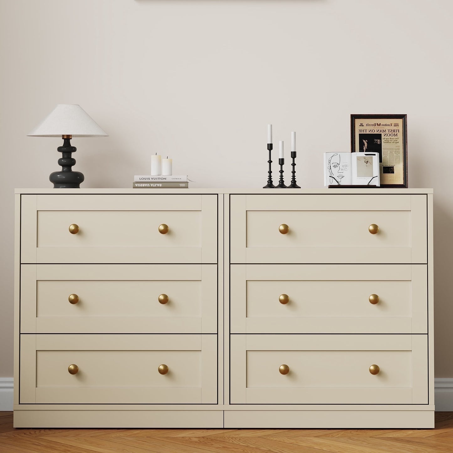 May in Color 3 Drawer Nightstand Set of 2, Modern Wood End Table with Gold Knobs, Beige