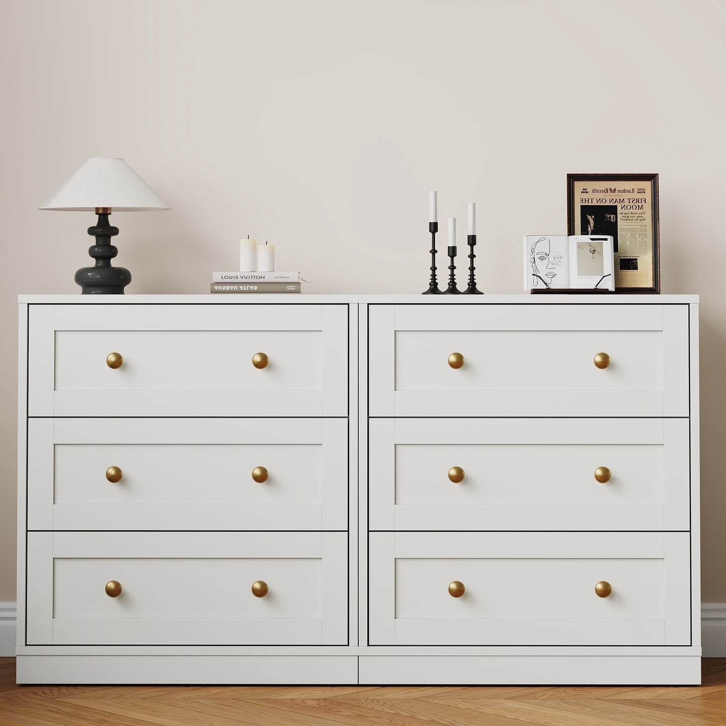 May in Color 3 Drawer Nightstand Set of 2, Modern White End Table with Gold Knobs, White