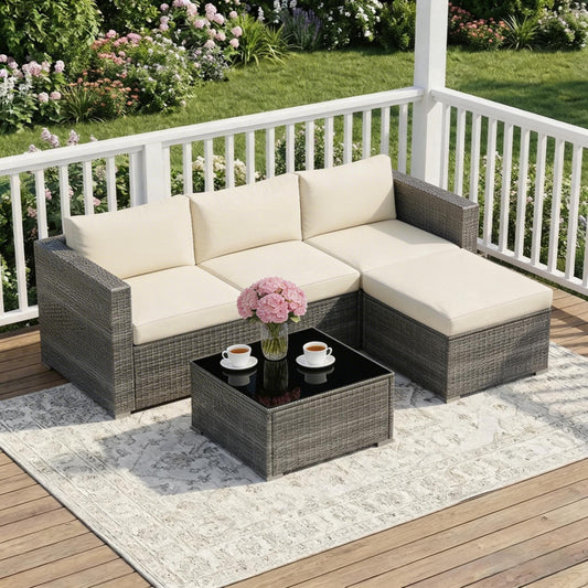 Mayincolor 5 Piece Outdoor Patio Sectional Furniture Set, Rattan Outside Couch, Wicker Conversation Sofa for Balcony, Porch, Backyard, Deck, Garden,Beige