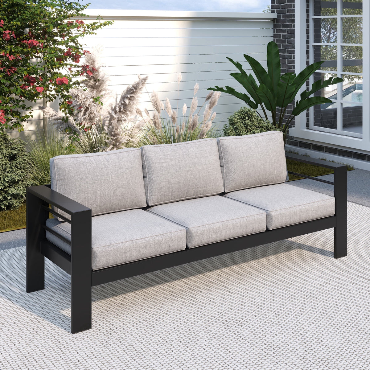 Mayincolor Patio Furniture Aluminum Sofa, All-Weather Outdoor 3 Seats Couch, Gray Metal Chair with Dark Grey Cushions