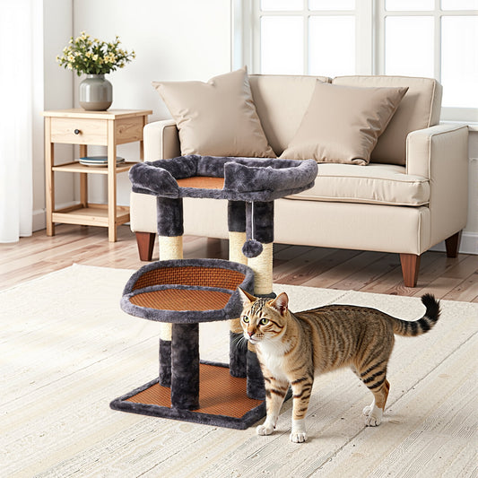 Heynemo Multi-Level Cat Tree with Sisal Scratching Posts & Cooling Mat - 2 Beds, Gray