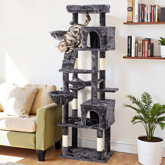 Multi-Level Large Cat Tree Tower for Large Cats with Scratching Posts, Condos, Perch, Hammocks & Toys ¨C Modern Indoor Cat Jungle Gym for 6-7 Cats, 23.6" x 19.7" x 73.2", Grey