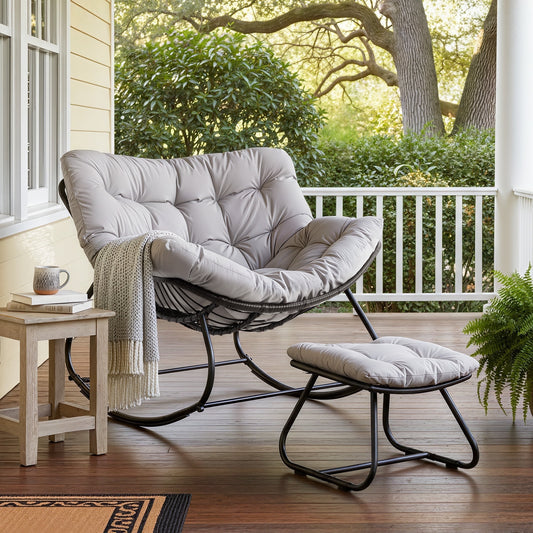 Heynemo Oversized Patio Rattan Egg Chair with Ottoman,Wicker Outdoor Papasan Rocking Chair with Cushion & Foot Rest for Indoor Outside Porch, Garden, Living Room