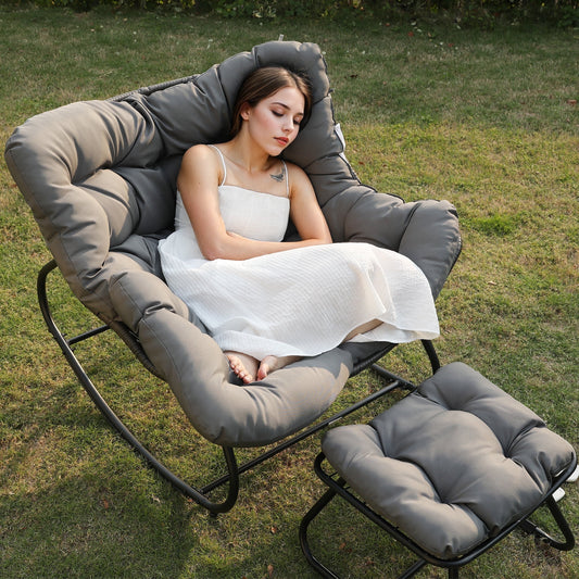 Heynem Patio Rocking Papasan Chair with Ottoman for Outdoor and Indoor, Outdoor Wicker Rocking Egg Chair with Cushion for Porch£¬Garden£¬Living Room