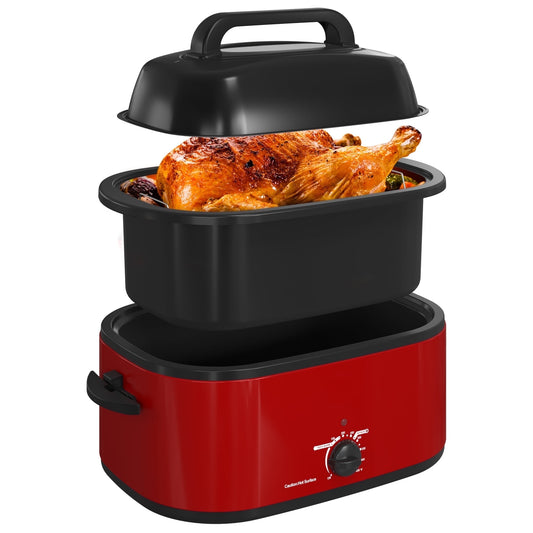 RoyaIcraft 26QT Electric Turkey Roaster Oven with Visible Glass Lid,Removable Pan & Rack, Stainless Steel,Red