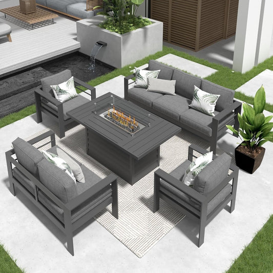 Mayincolor Aluminum Patio Furniture Set with Fire Pit Table, 5 Piece Metal Outdoor Furniture with Water-Resistant Cushions, Modern Patio Conversation Set for Balcony, Front Porch, and Backyard, Grey