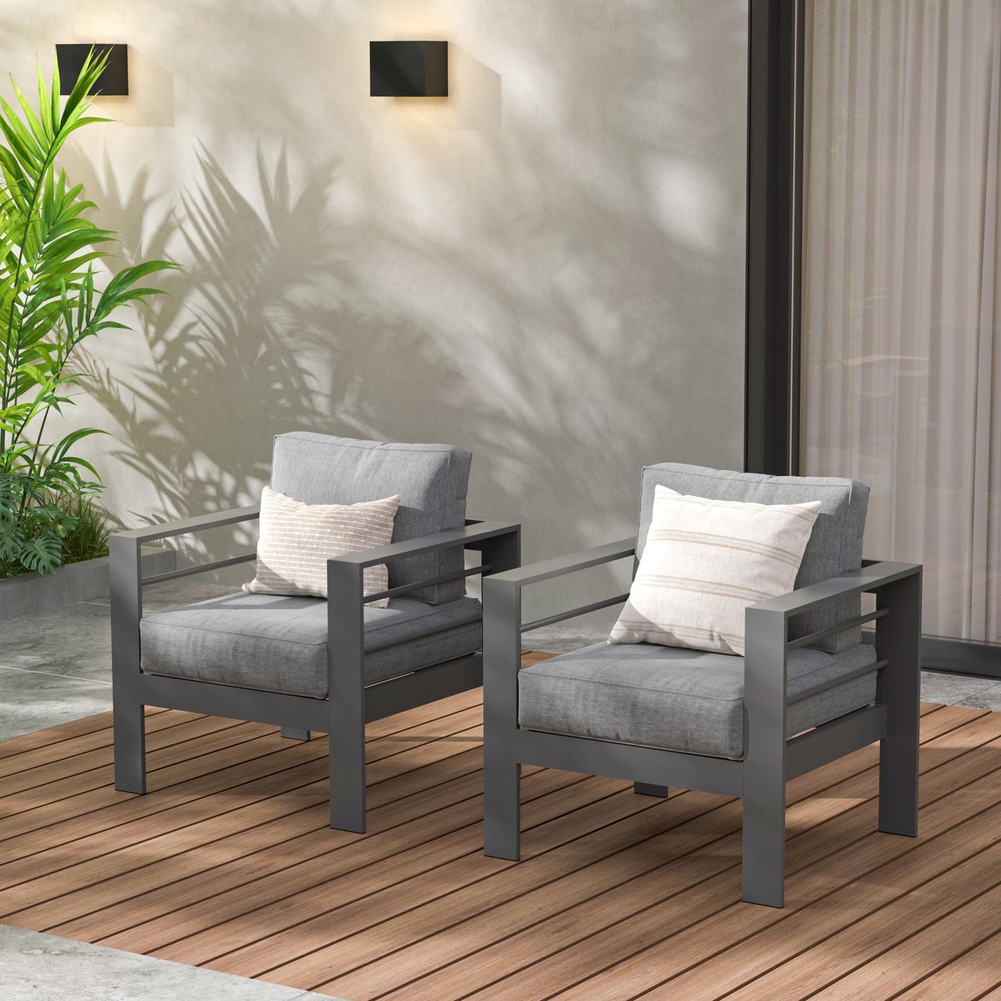 RoyalCraft 2 Pieces Patio Furniture Aluminum Armchair, All-Weather Outdoor Single Sofa, White Metal Chair with Light Grey Cushions,Blue