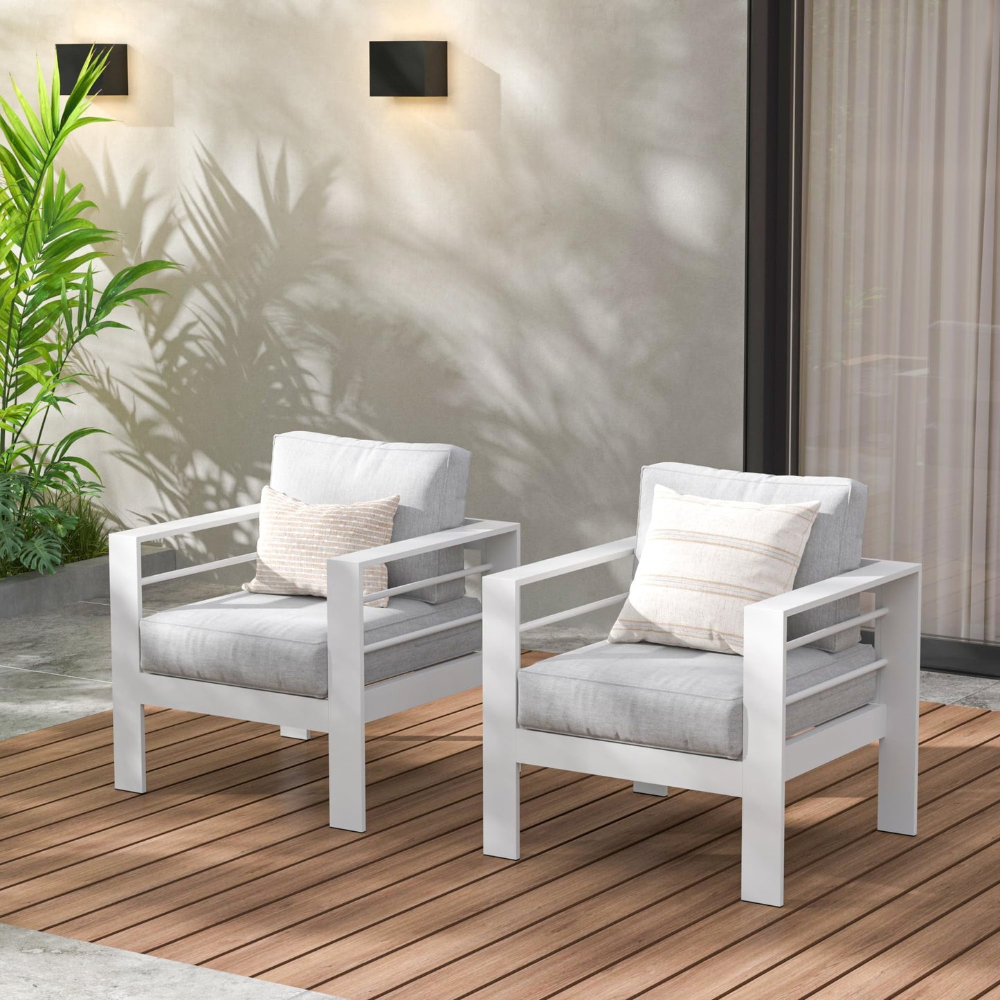 RoyalCraft 2 Pieces Patio Furniture Aluminum Armchair, All-Weather Outdoor Single Sofa, White Metal Chair with Light Grey Cushions,Blue