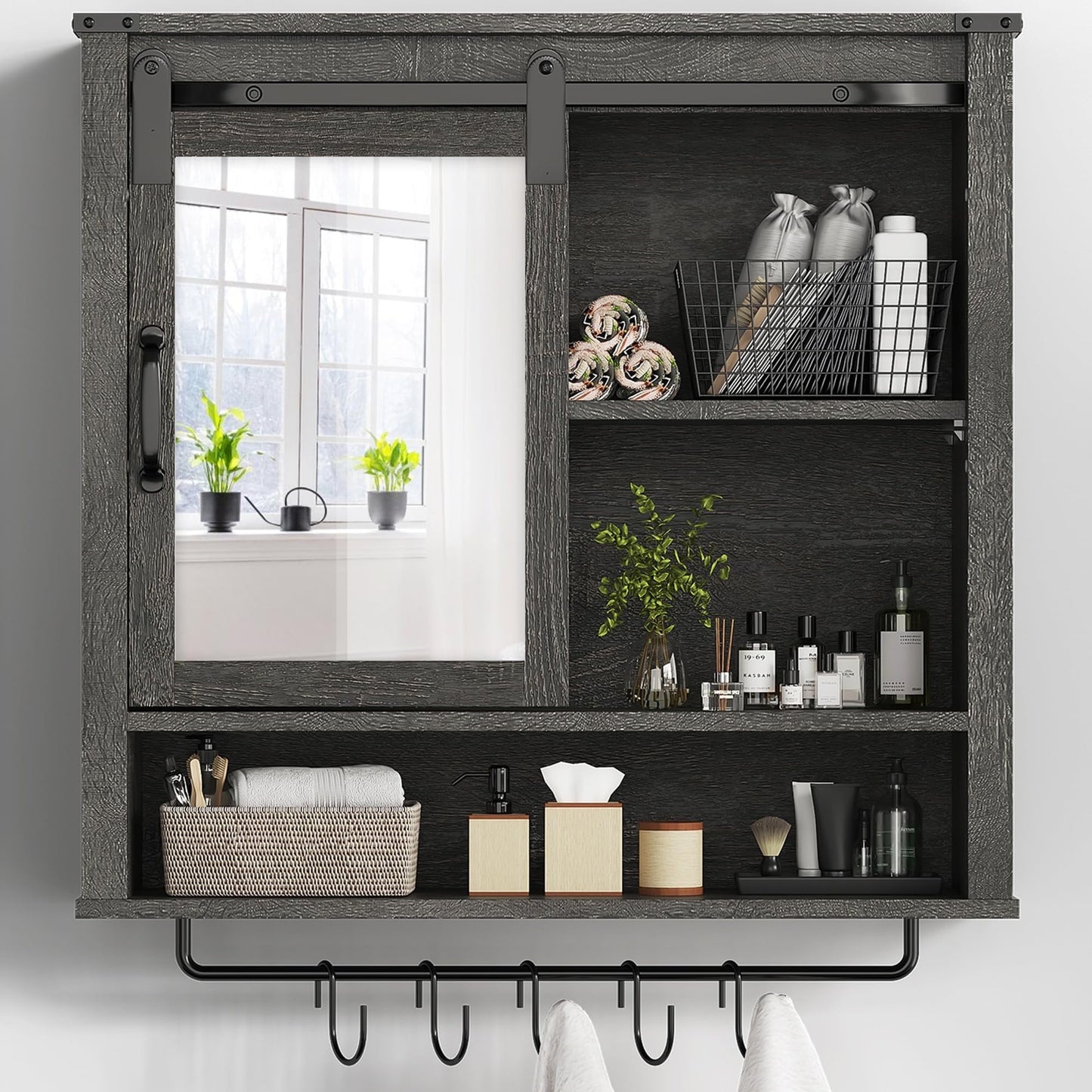 RoyalCraft 28in Bathroom Cabinet Wall Mount with Sliding Mirror Door, Over The Toilet Storage Cabinet, Farmhouse Medicine Cabinet with Shelves and Towel Bar for Living Room, 28" W x 29" H, Dark Grey