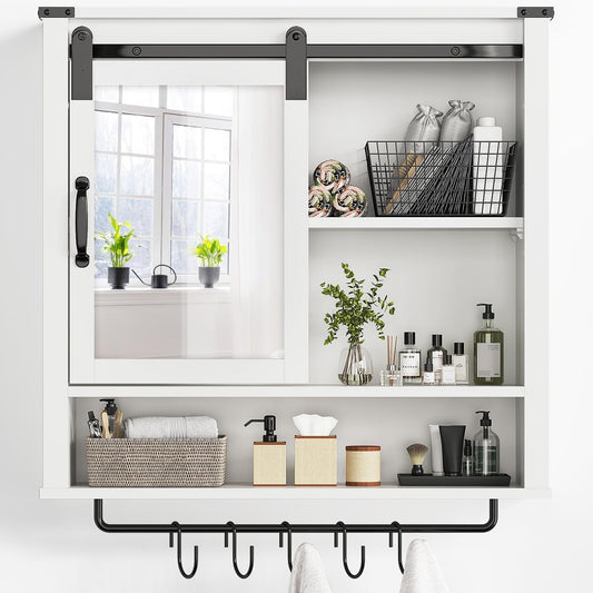 RoyalCraft 28in Bathroom Cabinet Wall Mount with Sliding Mirror Door, Over The Toilet Storage Cabinet, Farmhouse Medicine Cabinet with Shelves and Towel Bar for Living Room, 28" W x 29" H, White