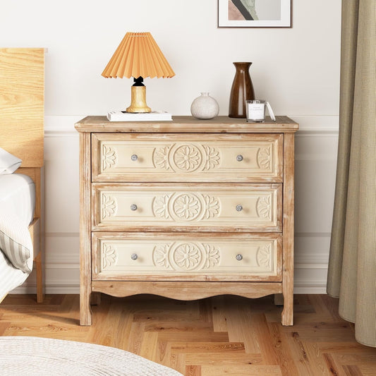 RoyalCraft 3 Drawer Dresser, Accent Chest of Drawers, Large Capacity Vintage Storage Cabinet, Nightstand Organizer for Bedroom, Living Room
