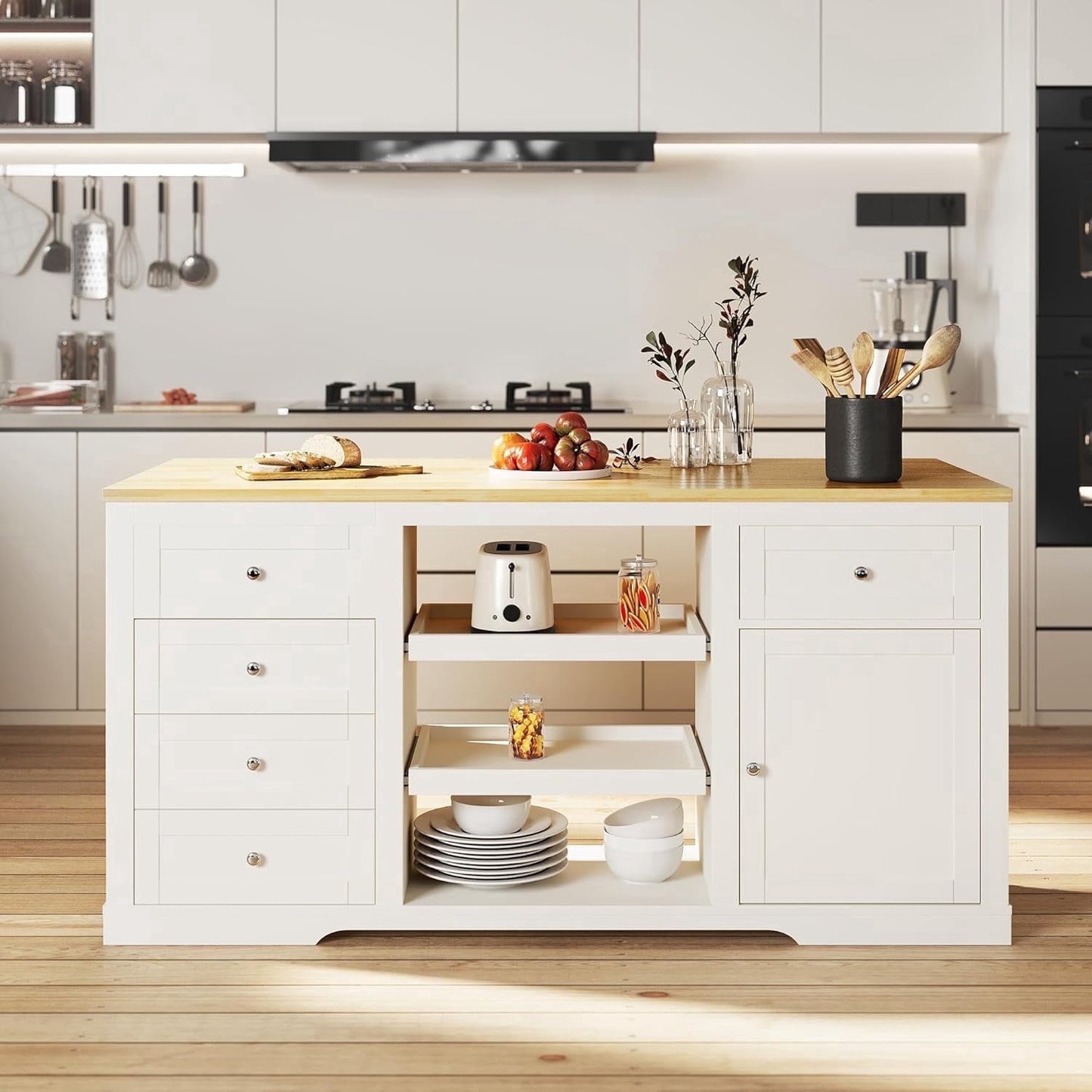 May in Color Modern 59" Kitchen Island with Storage and Drop-Leaf, Wood Island for Kitchen, White