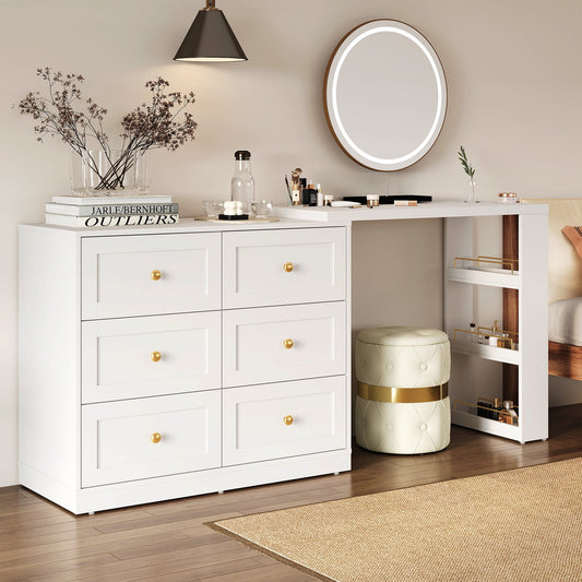 May in Color 6 Drawer Dresser and Vanity, Extendable Corner Vanity Desk and Dresser Combo with 3 Side Shelves, Wood Dressing Table for Bedroom, Dressing Room, White