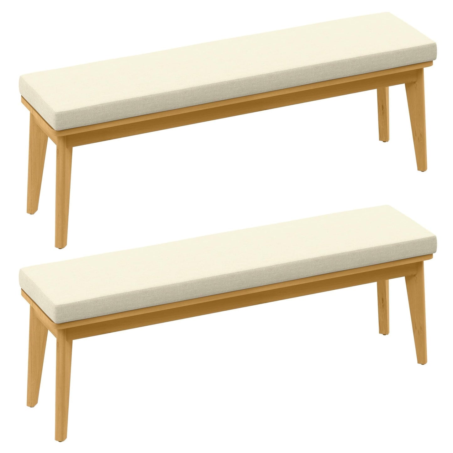 RoyalCraft Acacia Patio Bench Set of 2, Upholstered Bench with Thick Cushion, Modern Wood Outdoor Dining Bench for Porch, Backyard, Garden, Indoor, Beige