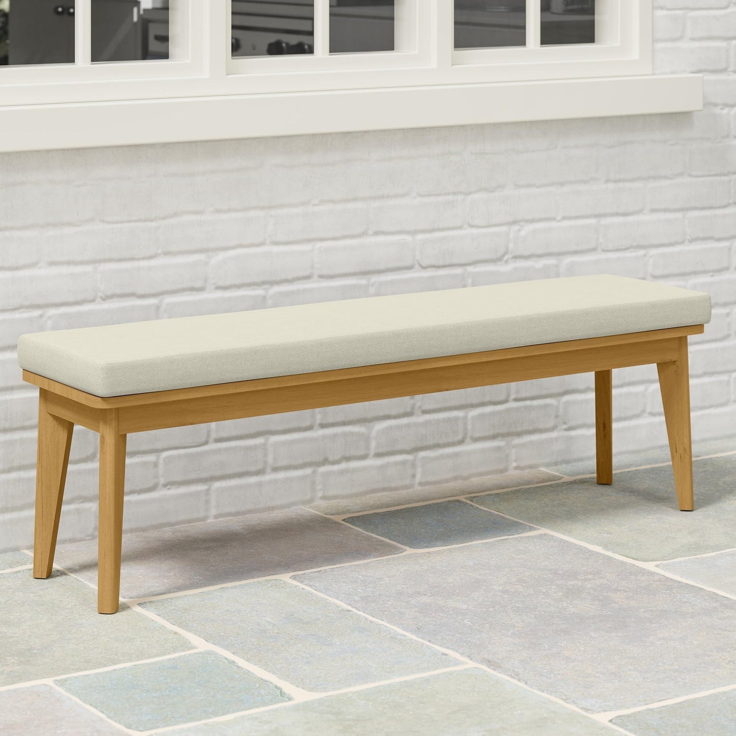 RoyalCraft Acacia Patio Bench, Upholstered Bench with Thick Cushion, Modern Wood Outdoor Dining Bench for Porch, Backyard, Garden, Indoor, Beige