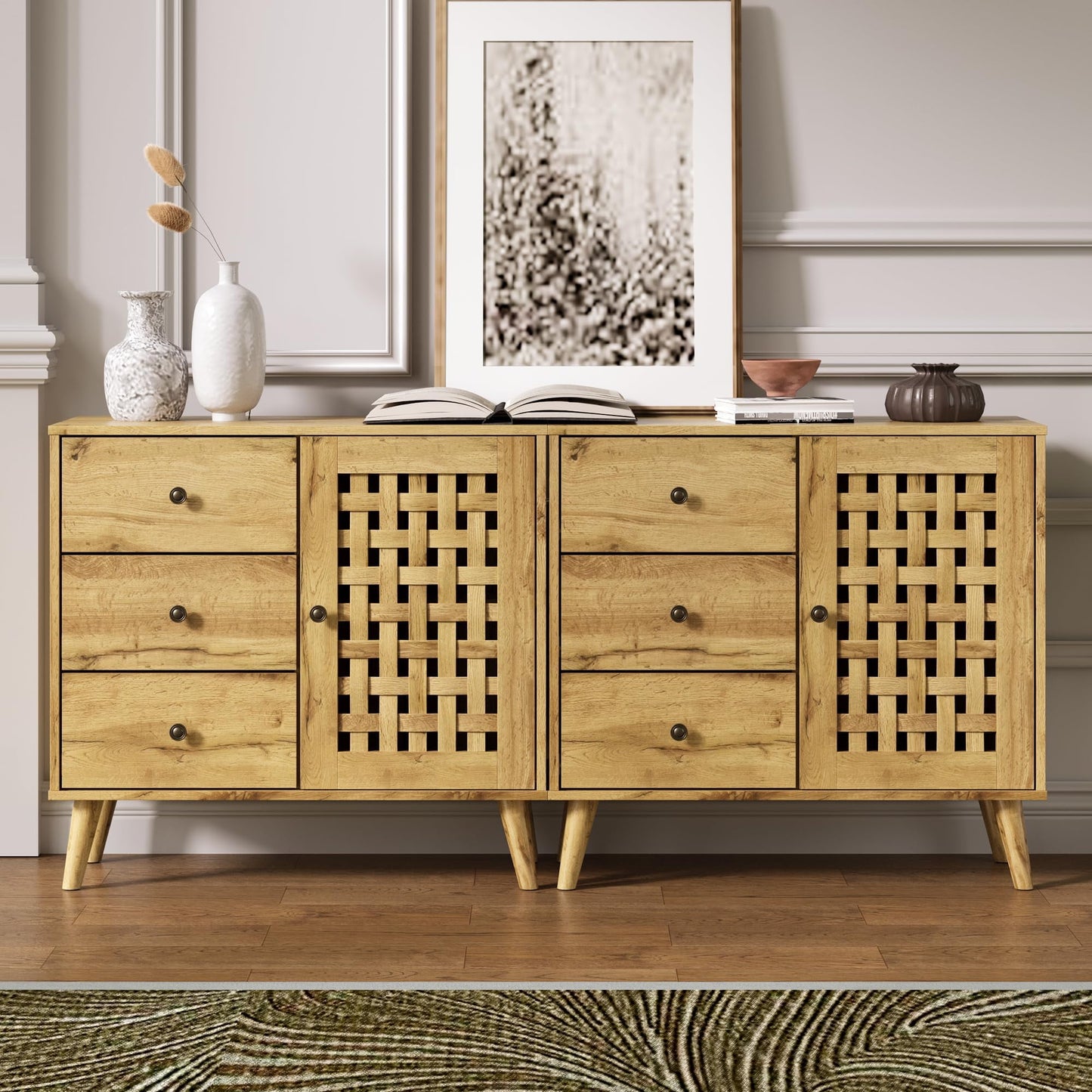 RoyalCraft Accent Cabinet with Doors, Entryway Cabinet with Oak Legs, Wooden Decorative Sideboard with Adjustable Shelf & Doors for Living Room (Natural With Door & 3 Drawers, 2)