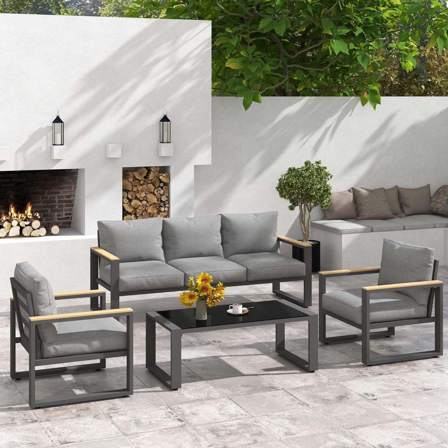 Royalcraft Aluminum Outdoor Coffee Table, All-Weather Metal Rectangular Patio Side Table with Tempered Glass Top, Patio Tables for Porch Backyard Garden, Grey