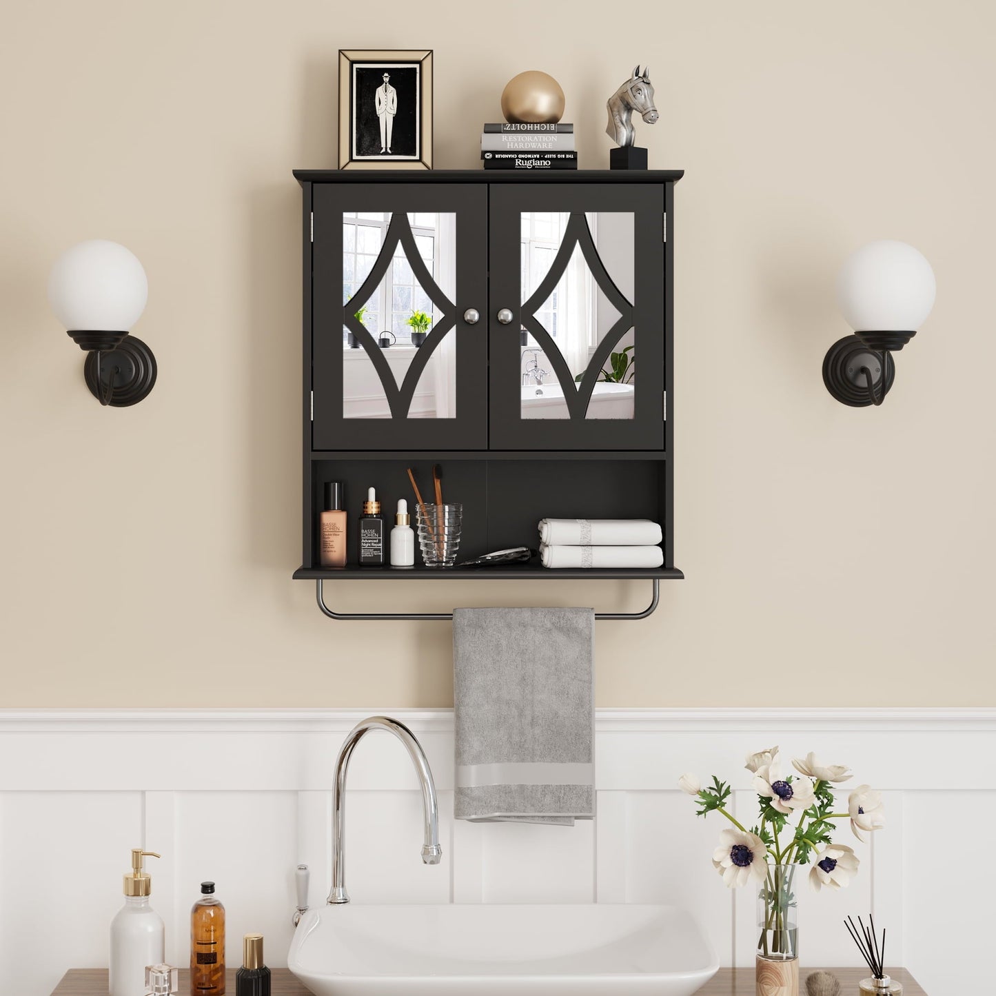 RoyalCraft Bathroom Medicine Cabinet with Mirror, Vanity Wall Mounted Storage Cabinet with Adjustable Shelves and Towel Bar, Hanging Wall Cabinet for Bathroom, Laundry, Living Room, Black