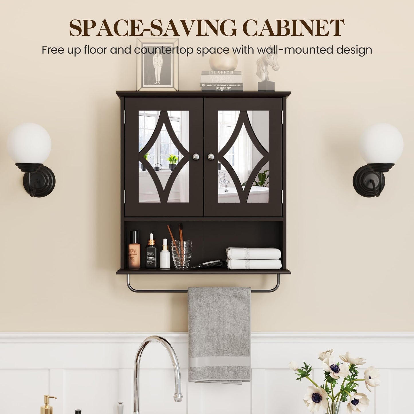 RoyalCraft 28in Bathroom Cabinet Wall Mount with Sliding Mirror Door, Over The Toilet Storage Cabinet, Farmhouse Medicine Cabinet with Shelves and Towel Bar for Living Room, 28" W x 29" H, Dark Grey
