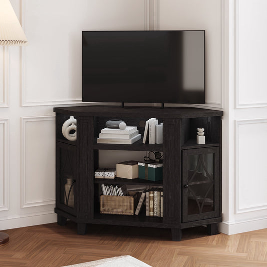 May in Color Corner TV Stands for TVs up to 55'', Media Console Table with Adjustable Shelves, Wood Modern Entertainment Center for Living Room Bedroom, Black