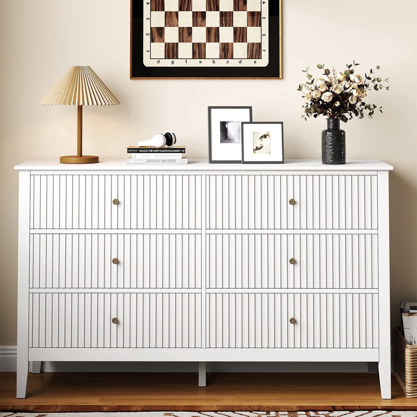 May in Color Fluted 6 Drawer Dresser, Wide Modern Chest of Drawers, Large Wood Storage Cabinet Organizer for Bedroom, Living Room, Hallway, Entryway, White