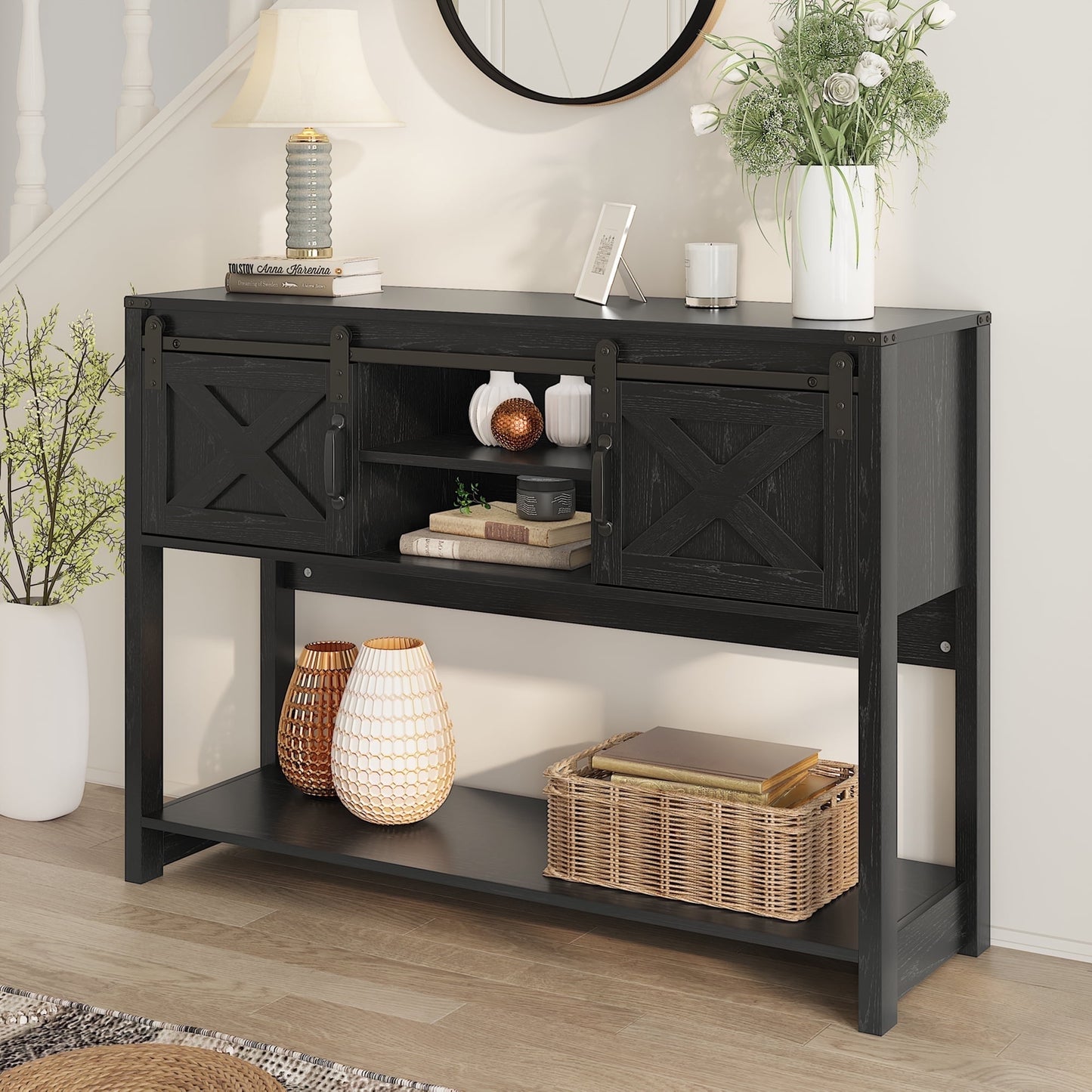 RoyalCraft Farmhouse Fireplace TV Stand for 65+ Inch TV, Entertainment Center with 23" Electric Fireplace with Remote, Modern Rustic TV Console with Sliding Bar Door for Living Room, Black