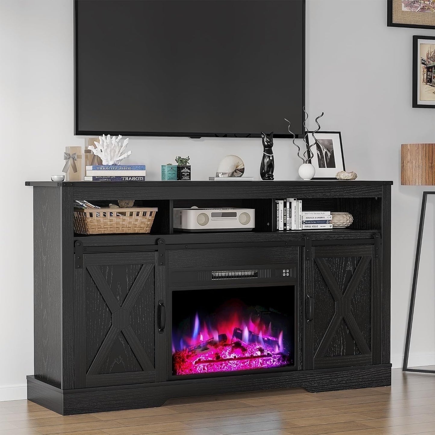 Mayincolor Farmhouse Fireplace TV Stand for 65"+ Inch TV, Entertainment Center with 23" Electric Fireplace with Remote, Modern Rustic TV Console with Sliding Bar Door for Living Room, Black