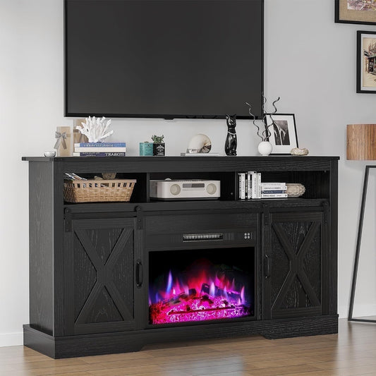 Mayincolor Farmhouse Fireplace TV Stand for 65"+ Inch TV, Entertainment Center with 23" Electric Fireplace with Remote, Modern Rustic TV Console with Sliding Bar Door for Living Room, Black