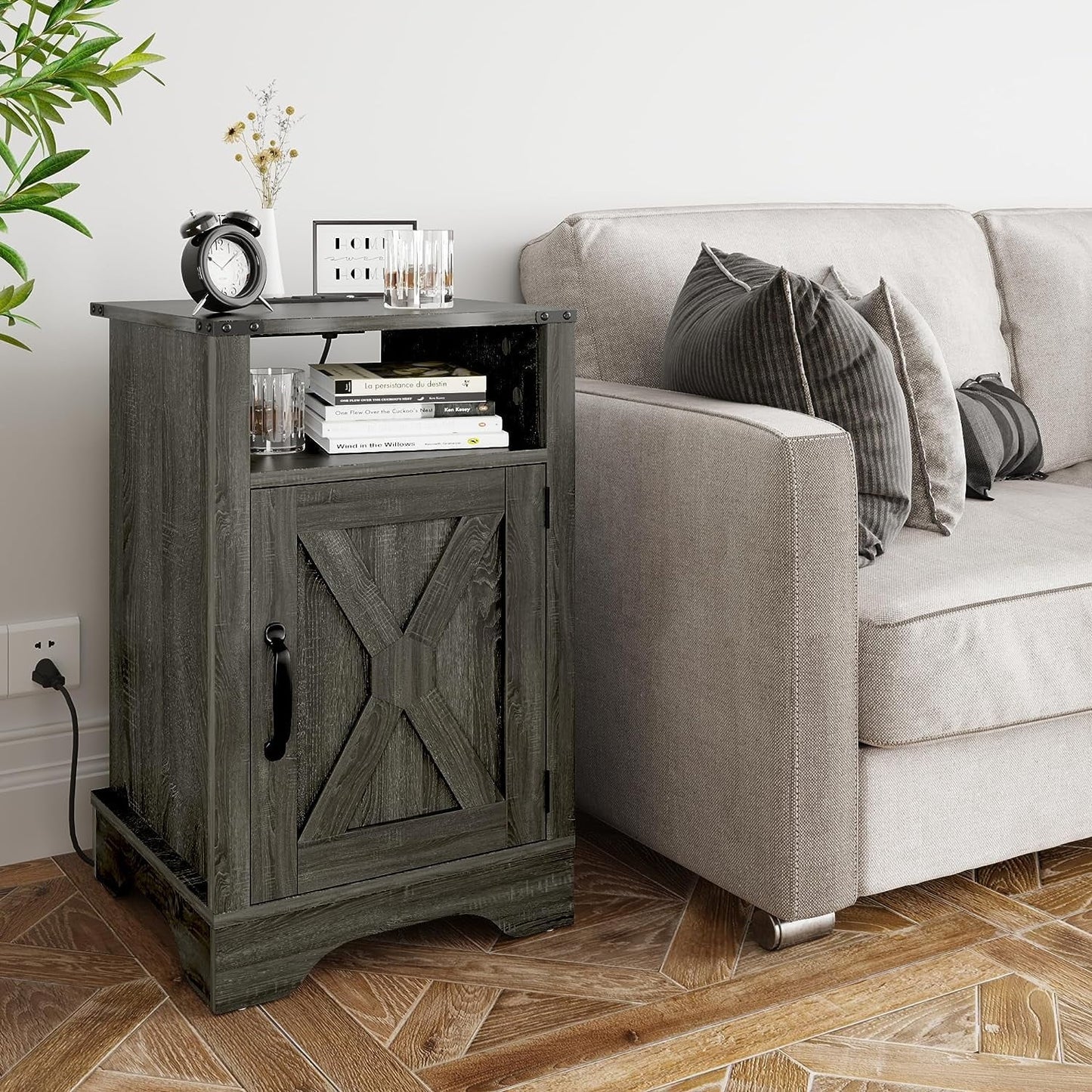 RoyalCraft White Nightstand with Charging Station, Farmhouse Bedside Table with X-Shaped Design,Wooden Rustic End Table with Large Storage Room and Shelf for Bedroom, Living Room, Solid White