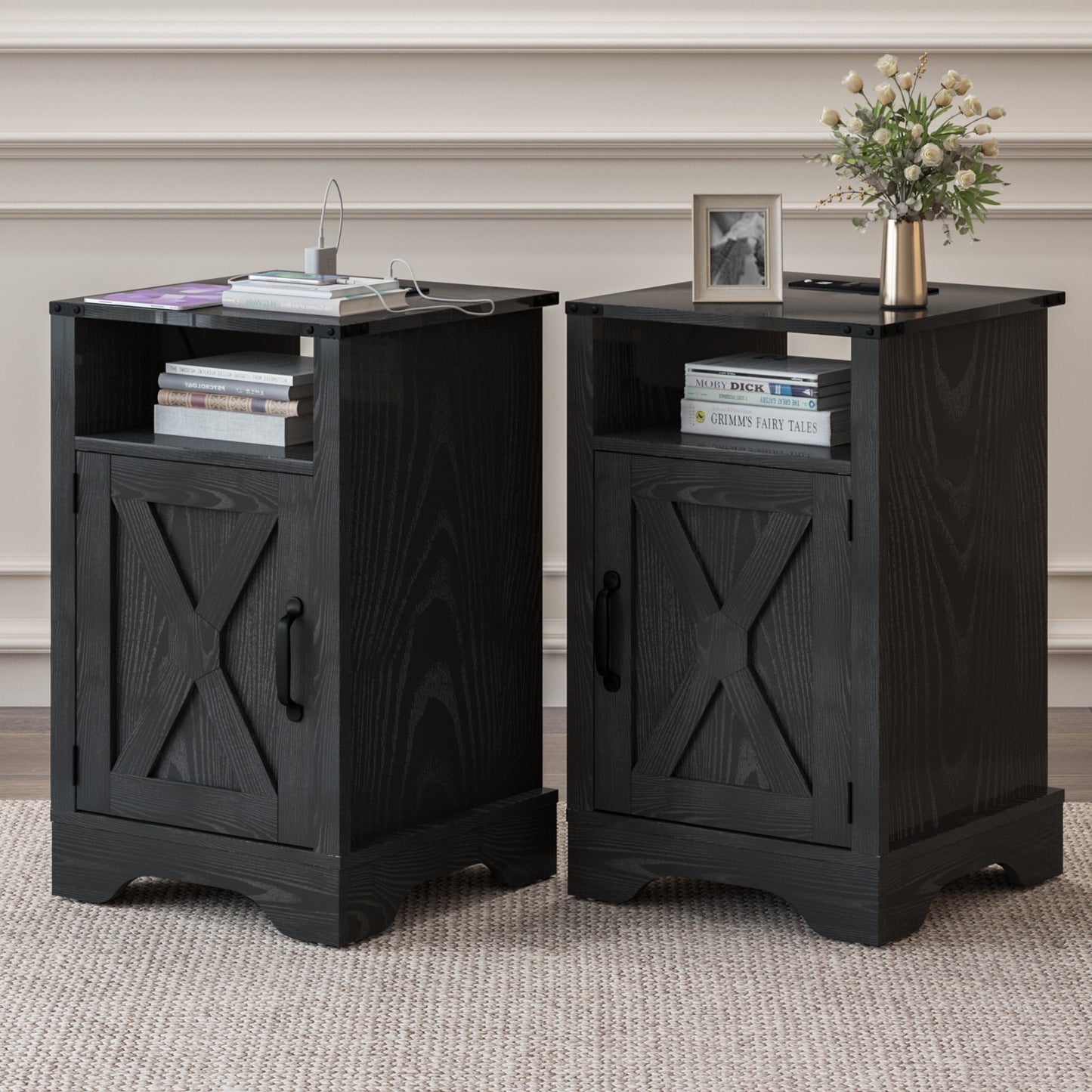 Mayincolor Farmhouse Nightstand Set of 2 with Charging Station, Wooden End Table, Rustic Night Stand with Storage Cabinet and Shelf, Tall Bedside Table for Bedroom, Living Room, Black