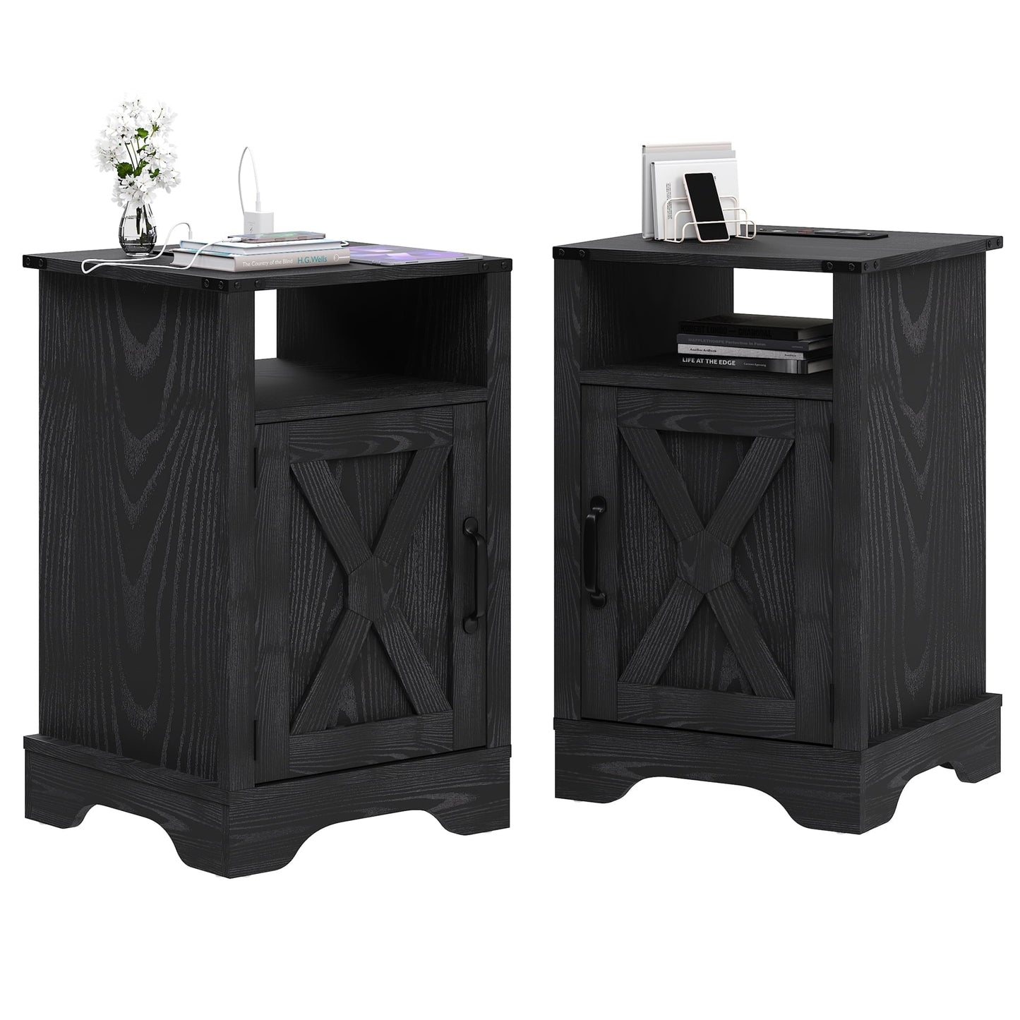 RoyalCraft Farmhouse Nightstand Set of 2 with Charging Station, Wooden End Table, Rustic Night Stand with Storage Cabinet and Shelf, Tall Bedside Table for Bedroom, Living Room, Black