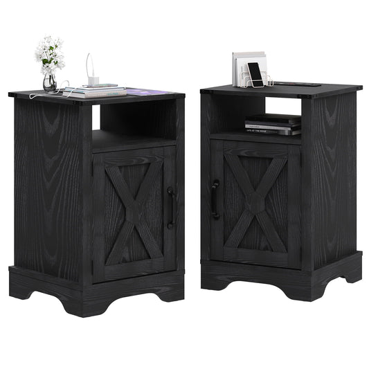 RoyalCraft Farmhouse Nightstand Set of 2 with Charging Station, Wooden End Table, Rustic Night Stand with Storage Cabinet and Shelf, Tall Bedside Table for Bedroom, Living Room, Black