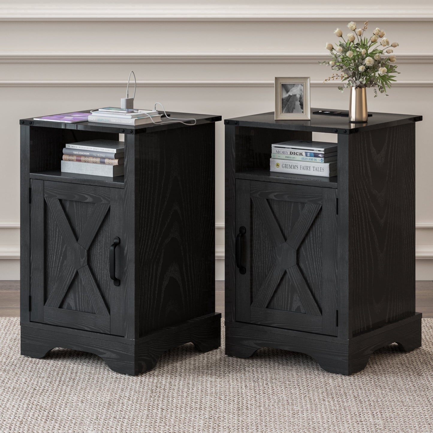 Mayincolor Wooden Farmhouse Nightstand Set of 2 with Charging Station, Rustic End Table with Storage, Black