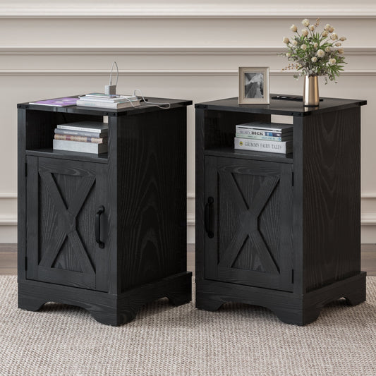 Mayincolor Wooden Farmhouse Nightstand Set of 2 with Charging Station, Rustic End Table with Storage, Black