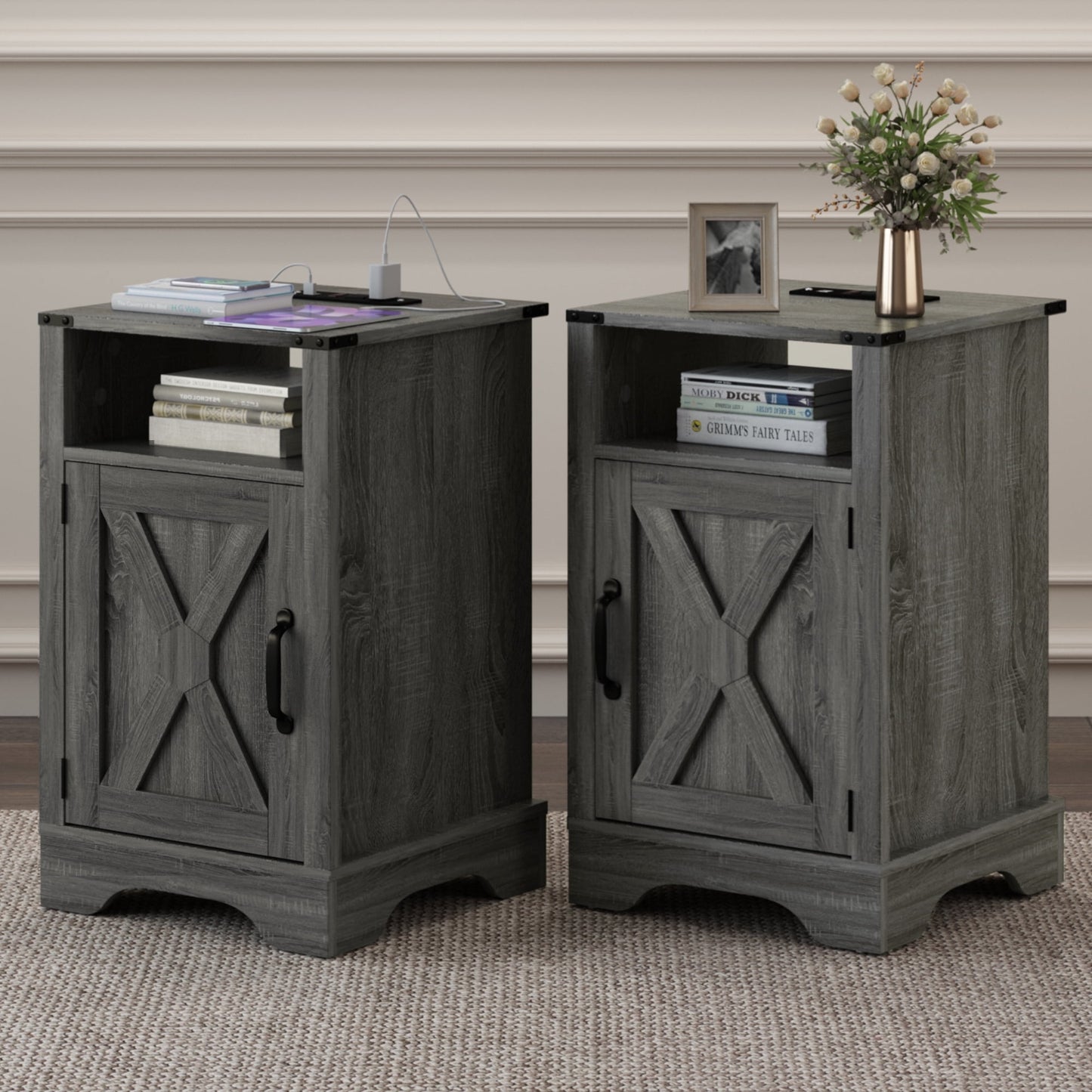 RoyalCraft Farmhouse Nightstand Set of 2, Wooden Rustic End Table with Charging Station, Storage Cabinets, Dark Grey