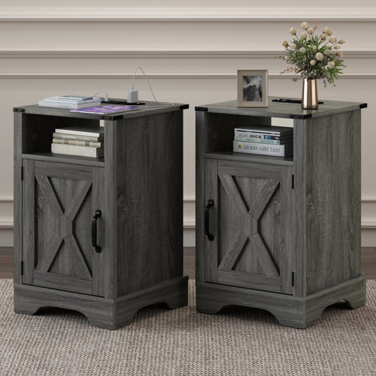 RoyalCraft Farmhouse Nightstand Set of 2, Wooden Rustic End Table with Charging Station, Storage Cabinets, Dark Grey