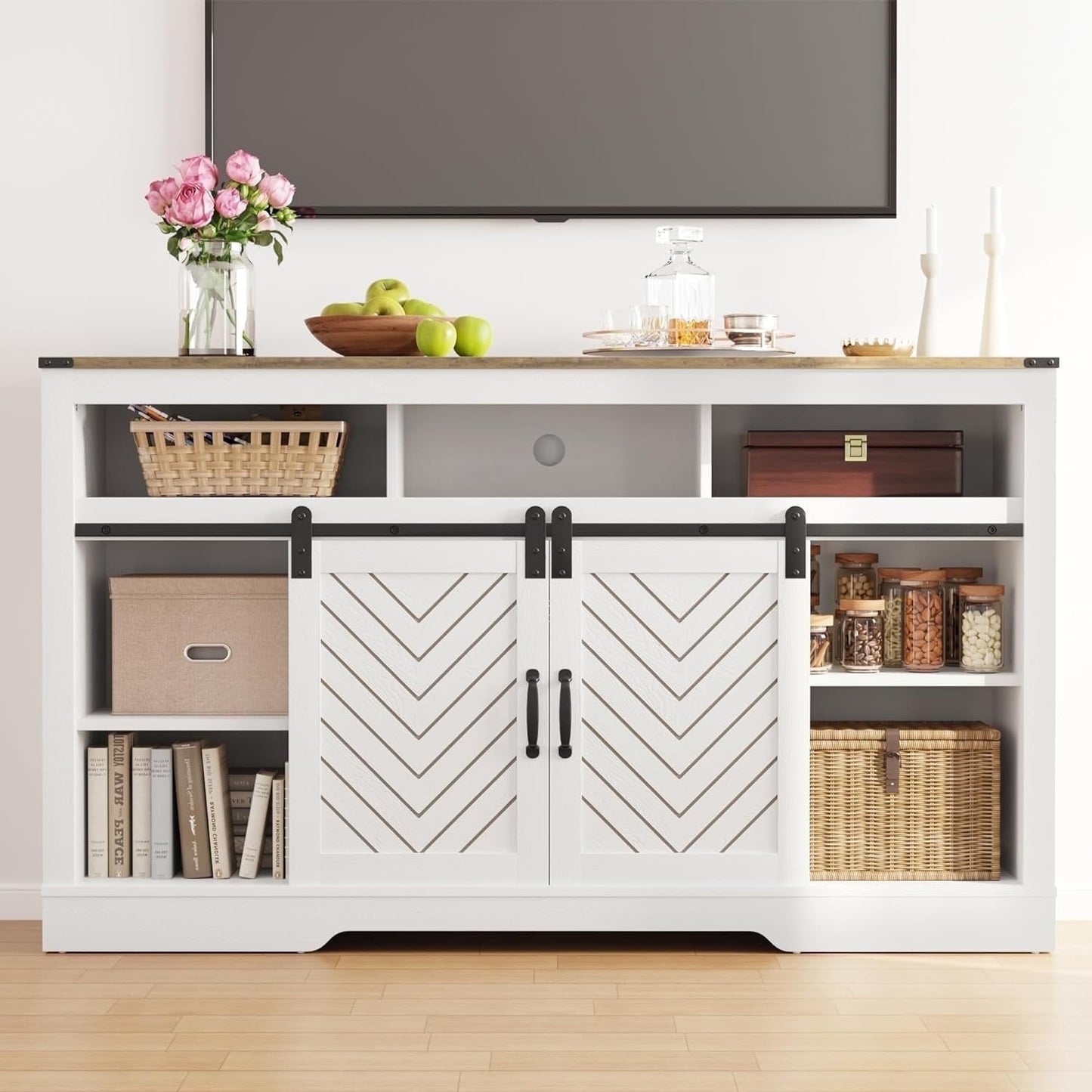 Mayincolor Farmhouse TV Stand for 65+ Inch TV, Tall Entertainment Center, Rustic TV Console with Sliding Bar Door for Living Room (Wood-Tone and White)