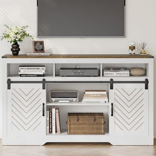 Mayincolor Farmhouse TV Stand for 65+ Inch TV, Tall Entertainment Center, Rustic TV Console with Sliding Bar Door for Living Room (Wood-Tone and White)