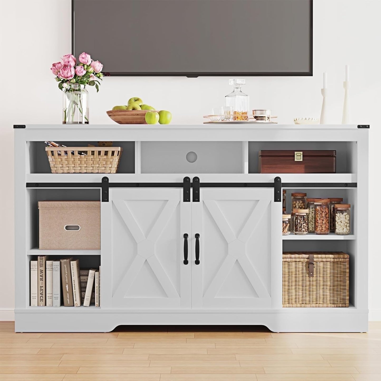 Mayincolor Farmhouse TV Stand, 34'' Tall Entertainment Center for 65+ Inch TV, Rustic Console with Sliding Door (White)