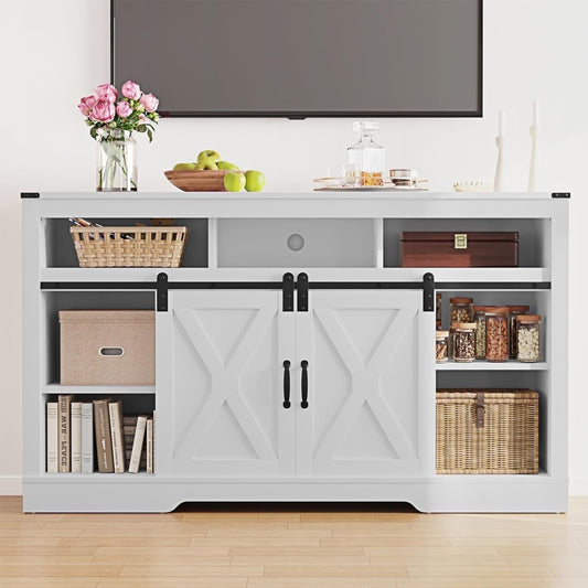 Mayincolor Farmhouse TV Stand, 34'' Tall Entertainment Center for 65+ Inch TV, Rustic Console with Sliding Door (White)