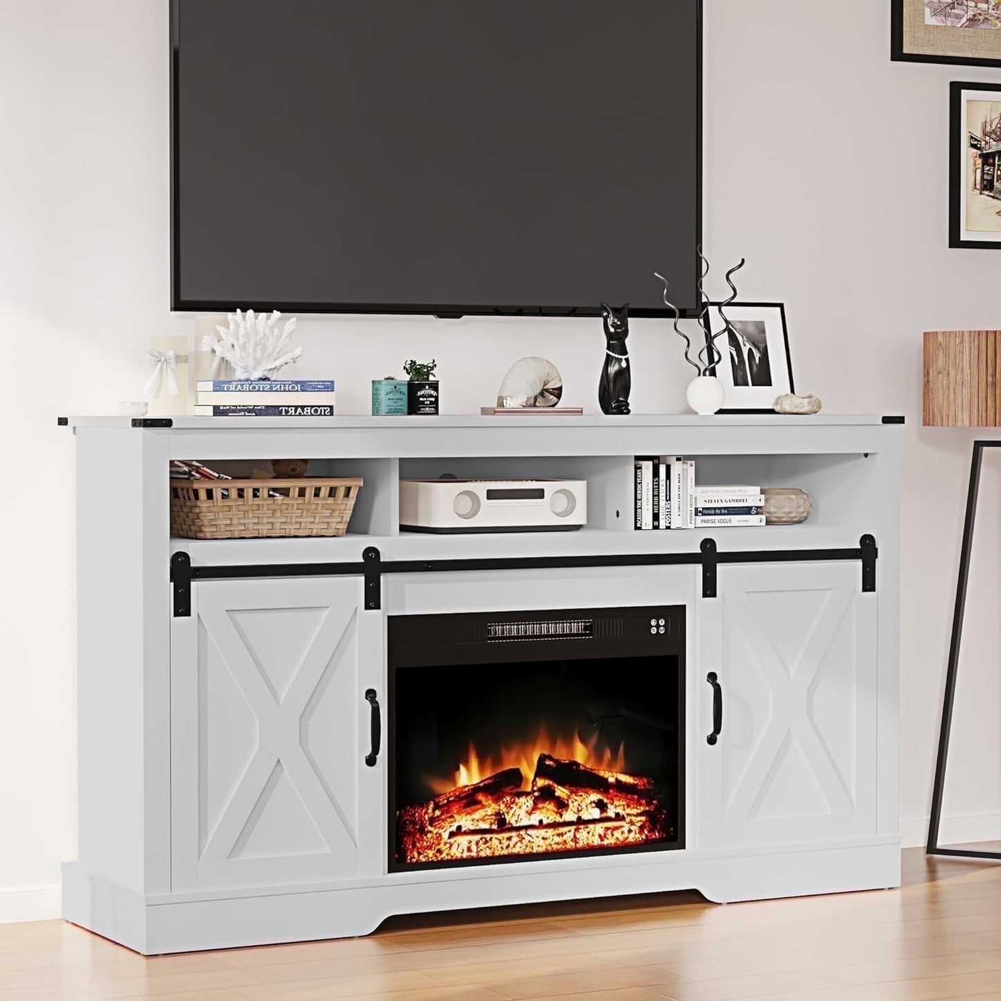 May in Color Wood Fireplace TV Stand with 23" Electric Fireplace, Rustic Entertainment Center, White